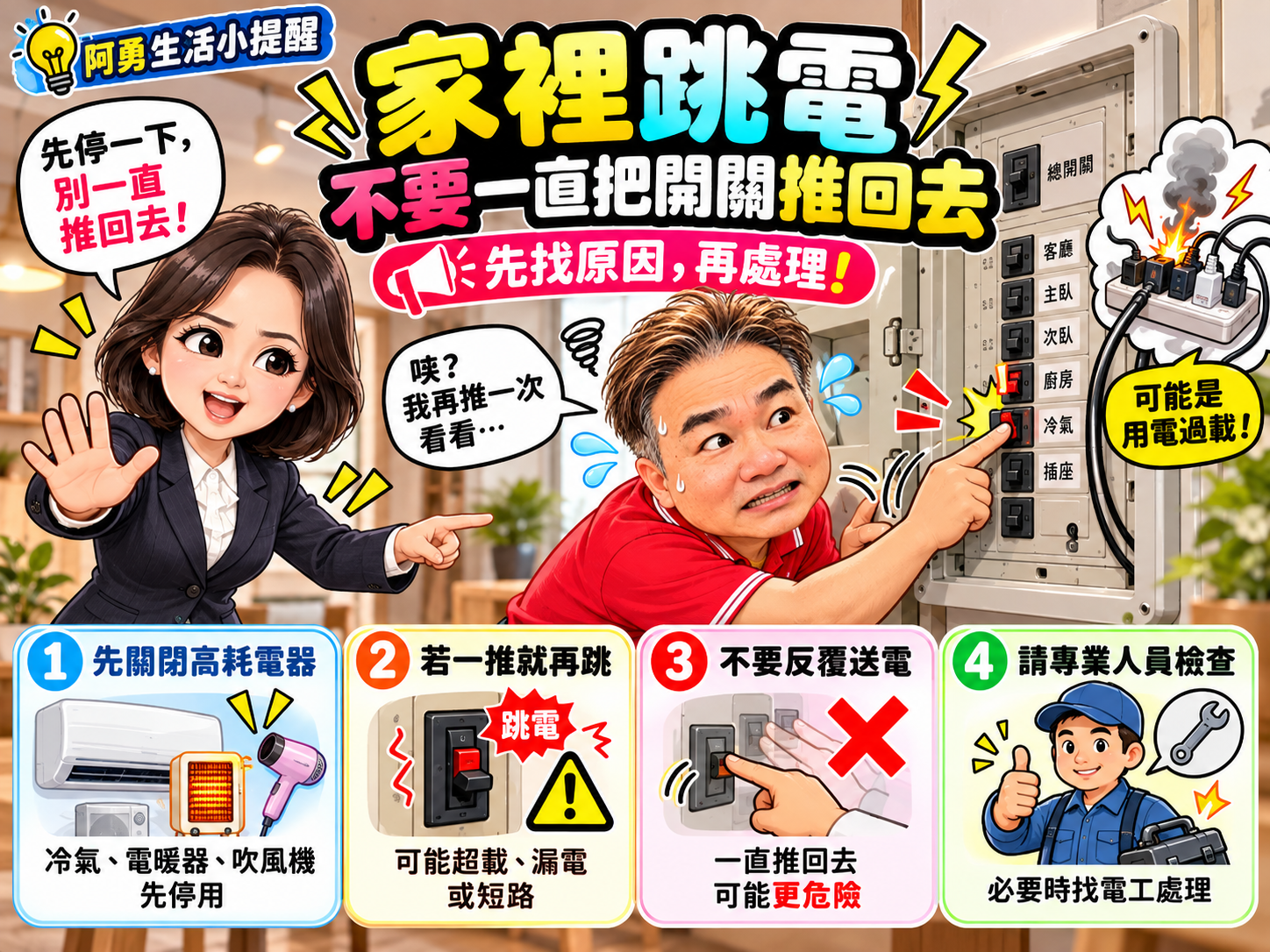 家裡跳電,不要一直把開關推回去