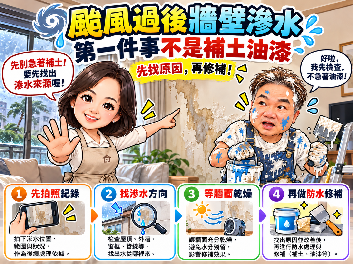 颱風過後牆壁滲水,第一件事不是補土油漆