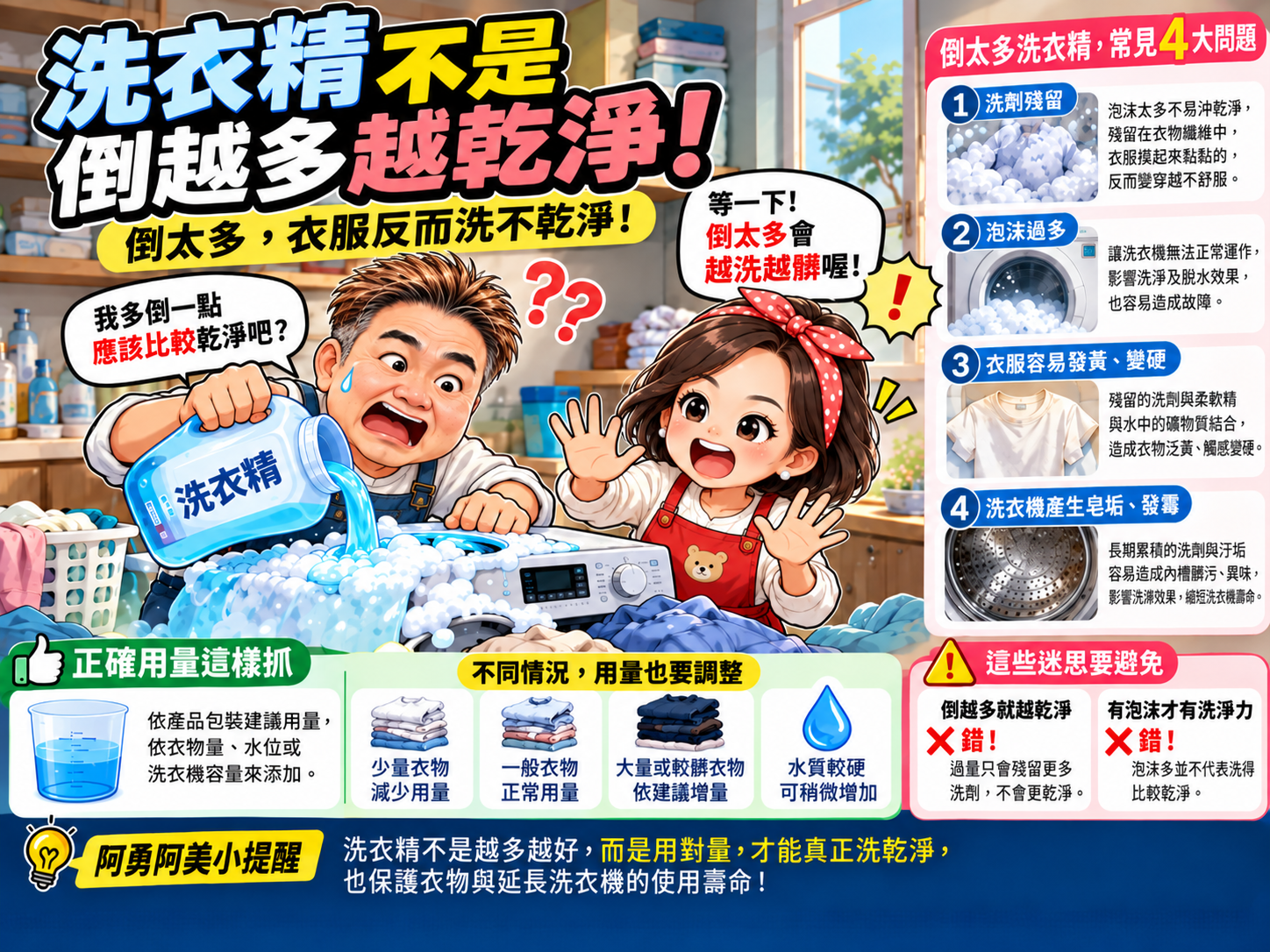 洗衣精不是倒越多越乾淨!