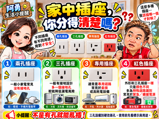家中插座你分得清楚嗎？兩孔、三孔、專用插座、紅色插座一次搞懂