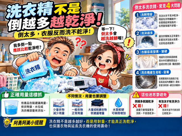 洗衣精不是倒越多越乾淨！