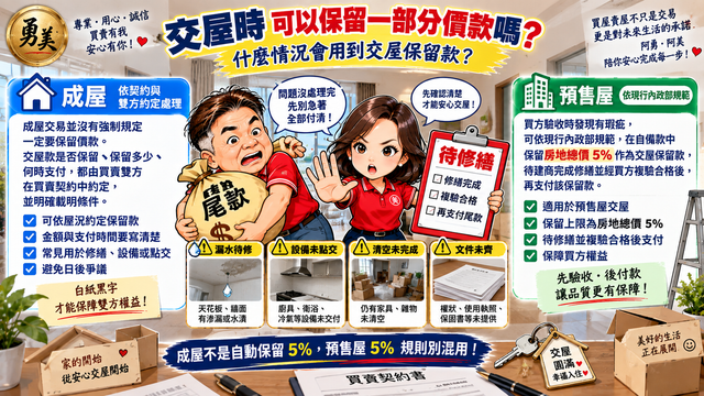 交屋時可以保留一部分價款嗎？成屋、預售屋規則不一樣