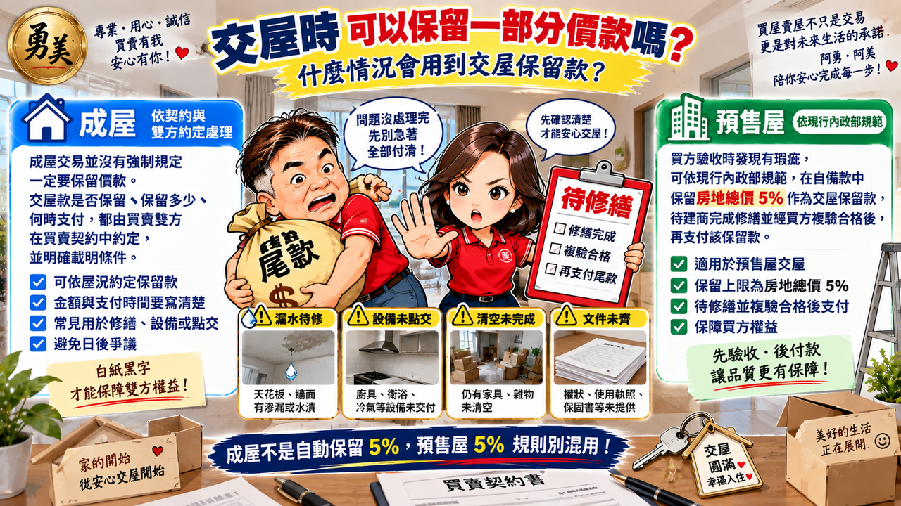 交屋時可以保留一部分價款嗎?成屋、預售屋規則不一樣