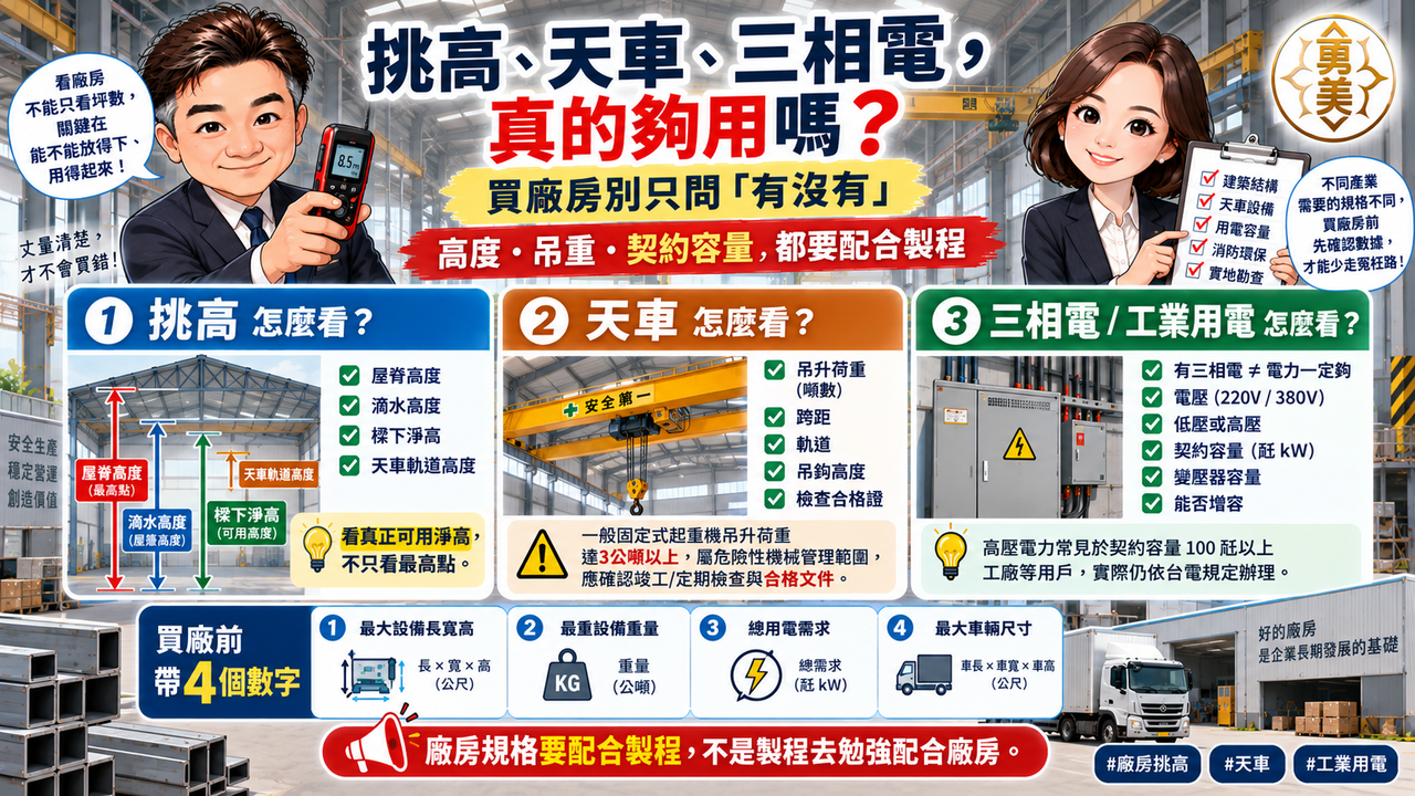 廠房挑高、天車、三相電怎麼看？買廠房別只問「有沒有」