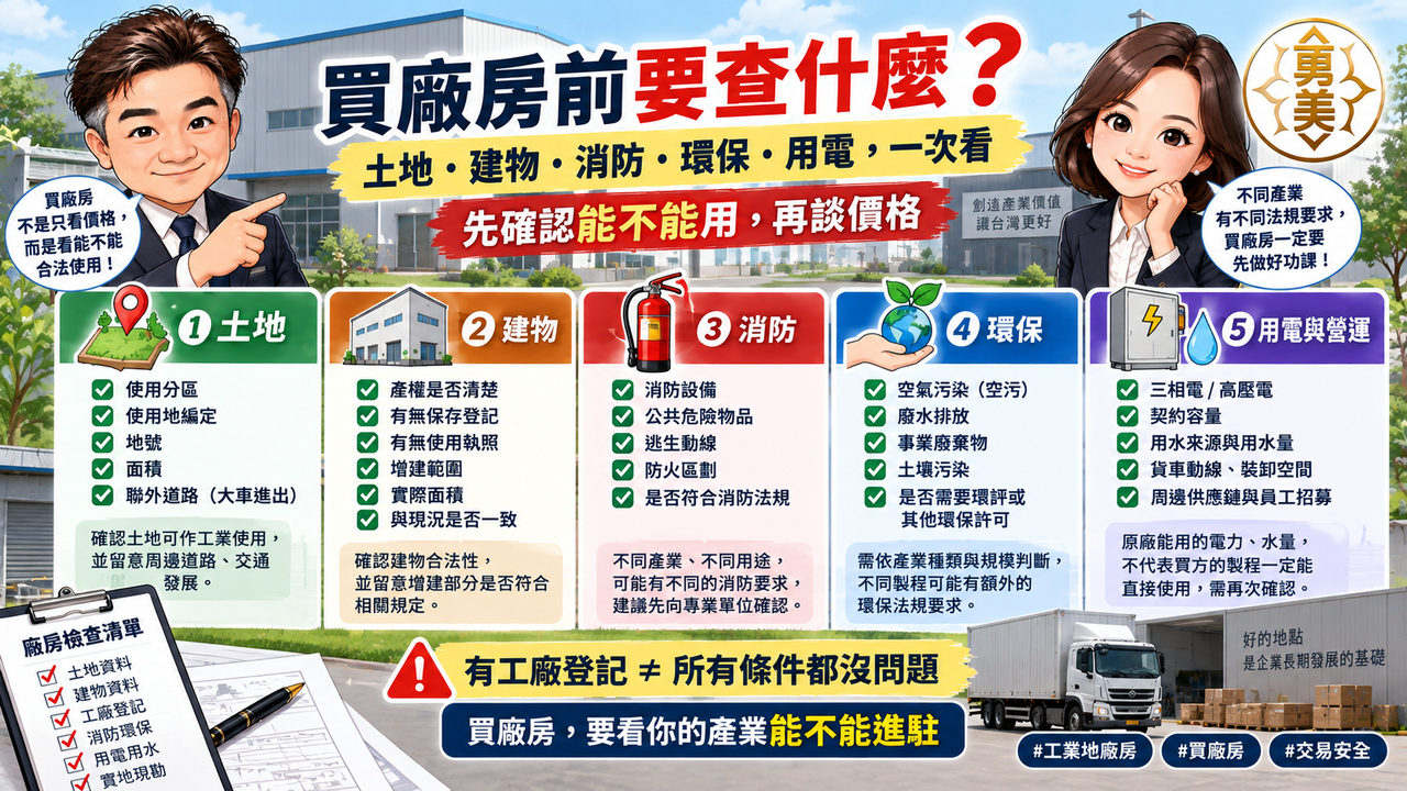 你買廠房前要查什麼？土地、建物、消防、環保、用電一次看